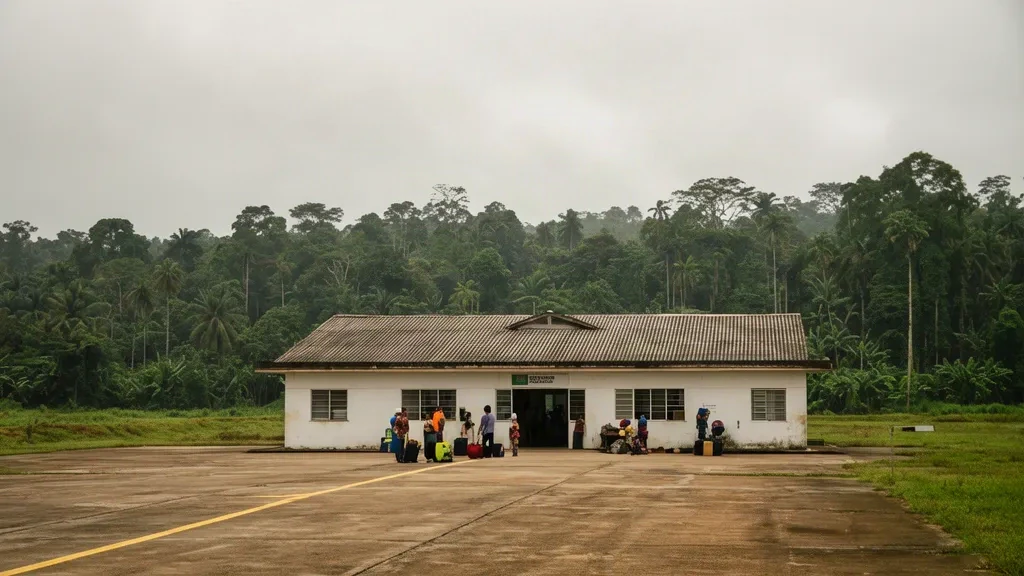 Exterior view of the small Virgilio Barco Vargas Airport terminal in La Chorrera, Amazonas, Colombia, surrounded by rainforest.