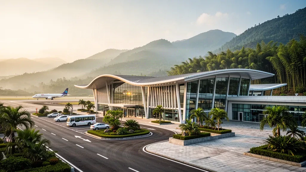 Modernes gläsernes Terminal und geschwungene Dachlinie des Flughafens Longchuan Guangsong in Yunnan, umrahmt von grünen subtropischen Hügeln zur goldenen Stunde