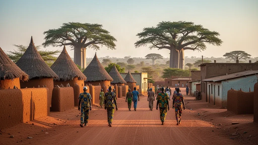 Gaoua, Burkina Faso, Sud-Ouest bölgesinde sıcak savana güneş ışığı altında geleneksel Lobi kerpiç mimarisi ve baobab ağaçları.