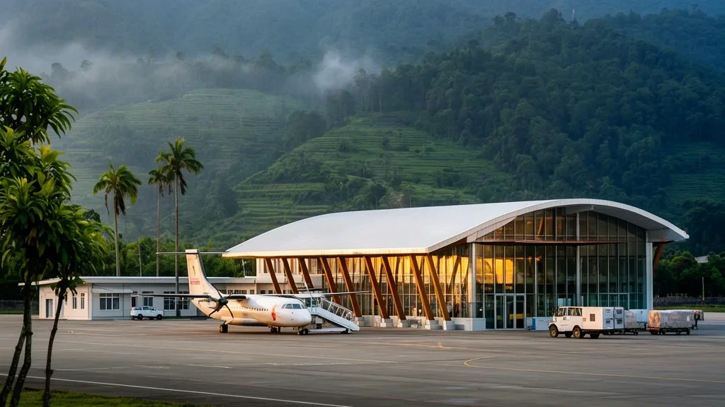 Terminal LCS dell'aeroporto di Longchuan Guangsong nello Yunnan con un aereo regionale sul piazzale e colline subtropicali boscose sullo sfondo
