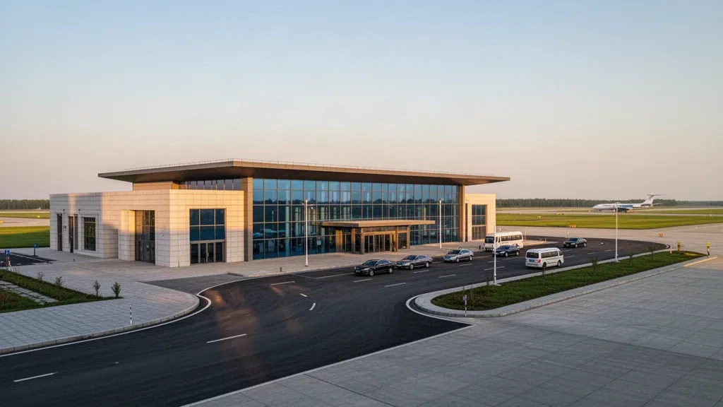 Terminal moderno in vetro e corsie di sosta all'Aeroporto di Shijiazhuang Luancheng, nell'Hebei, durante l'ora d'oro, vista ampia sulla Pianura della Cina del Nord
