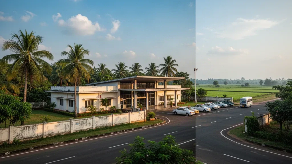 Kleines regionales Flughafenterminal und palmengesäumte Zufahrtsstraße am Flughafen Malda in Westbengalen bei warmem Licht am späten Nachmittag