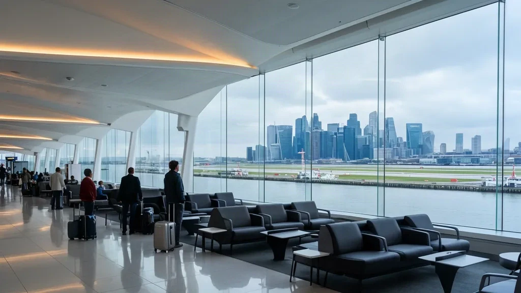 Interior de la terminal del aeropuerto de London City LCY con viajeros junto a ventanales que dan a la pista de Royal Docks y Canary Wharf