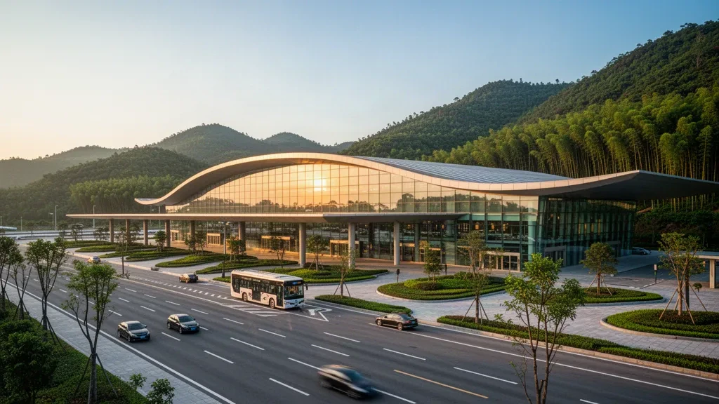 Liancheng yakınlarındaki Longyan Guanzhishan Havalimanı'nda modern cam terminal dış cephesi ve bırakma şeritleri, altın saatte yemyeşil Fujian tepeleriyle çevrili.