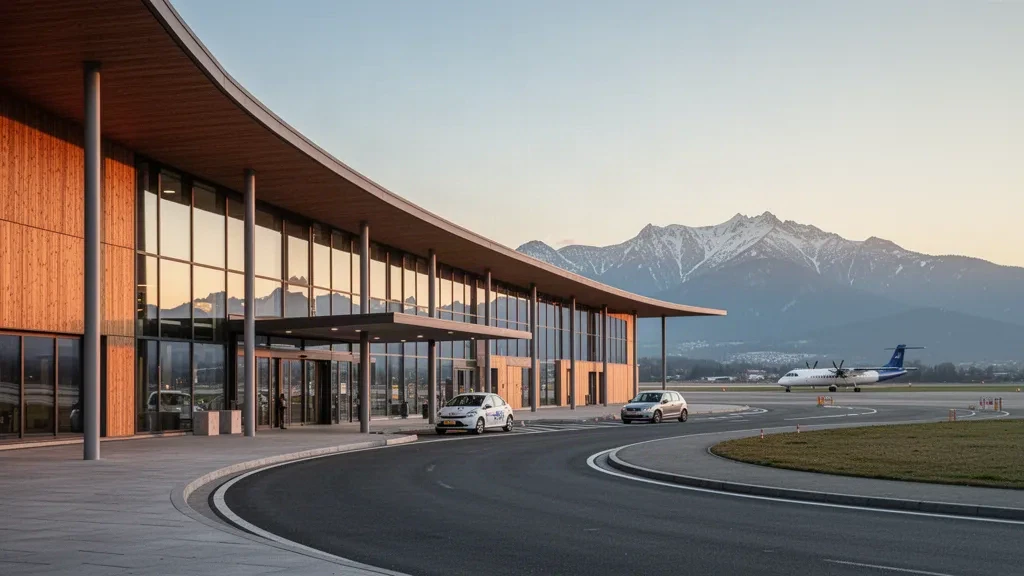 Modern glass and timber terminal at Tarbes-Lourdes-Pyrénées Airport with drop-off lanes and snow-capped Pyrenees behind