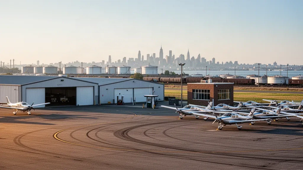 Golden-hour view of the general aviation ramp, hangars and parked light aircraft at Linden Airport in New Jersey