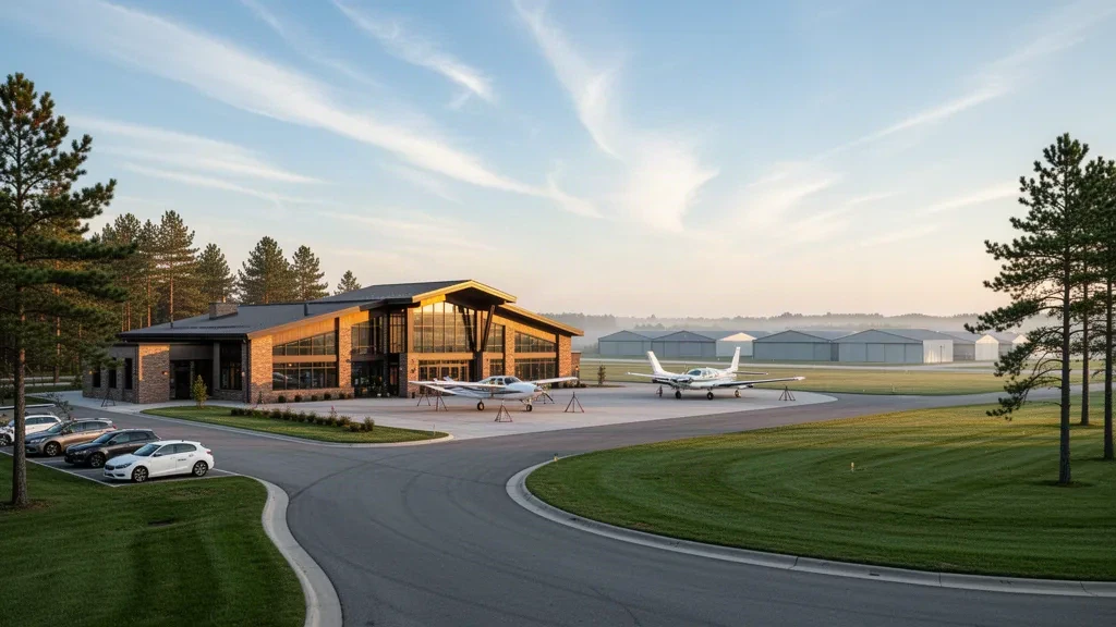 Terminal baja de una sola planta, hangares y aviones ligeros estacionados en la plataforma del Aeropuerto Mason County en Ludington, Míchigan