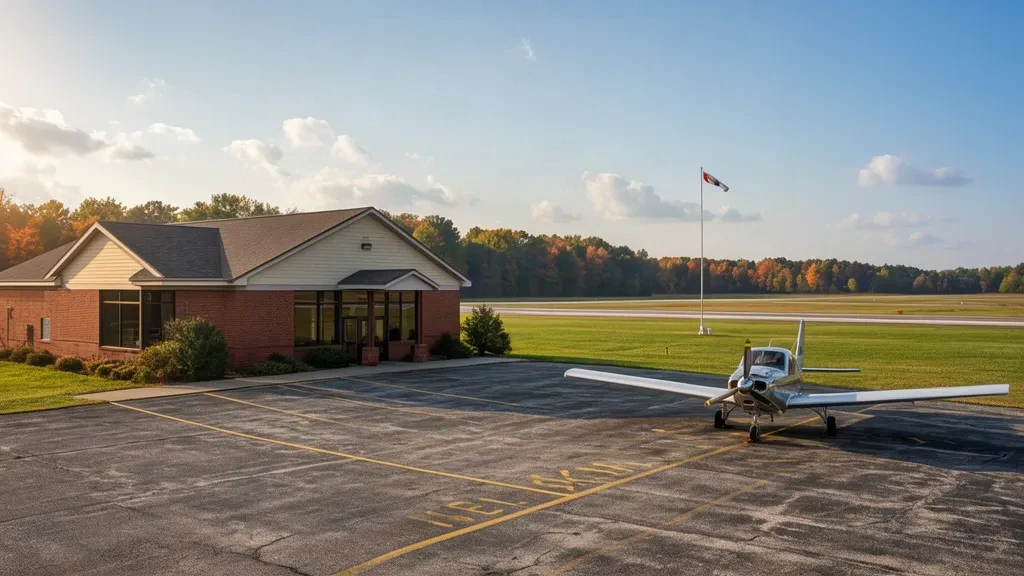 Piccolo terminal di aviazione generale e piazzale del Mason County Airport a Ludington, Michigan, con un aereo leggero parcheggiato all'esterno