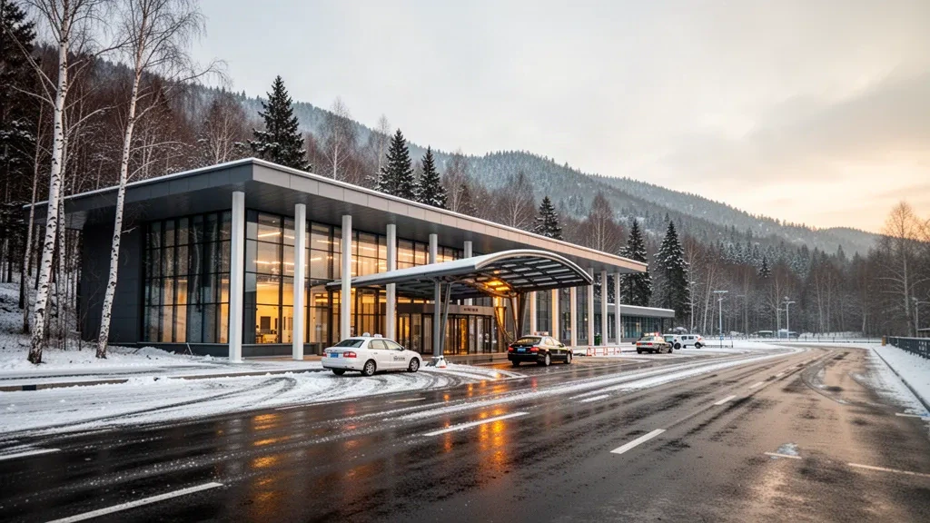 Modern glass terminal and snowy curbside drop-off lane at Yichun Lindu Airport in Heilongjiang on a clear winter afternoon.