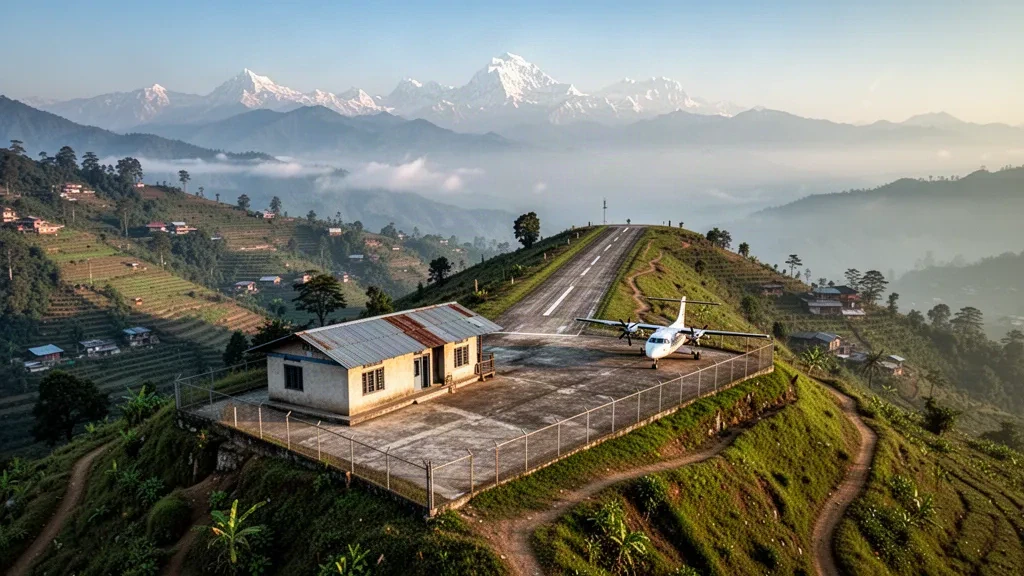 Nepal'in Khotang bölgesindeki Lamidanda Havalimanı'nda yeşil teraslı tepelerle çevrili küçük tepe üstü STOL pisti