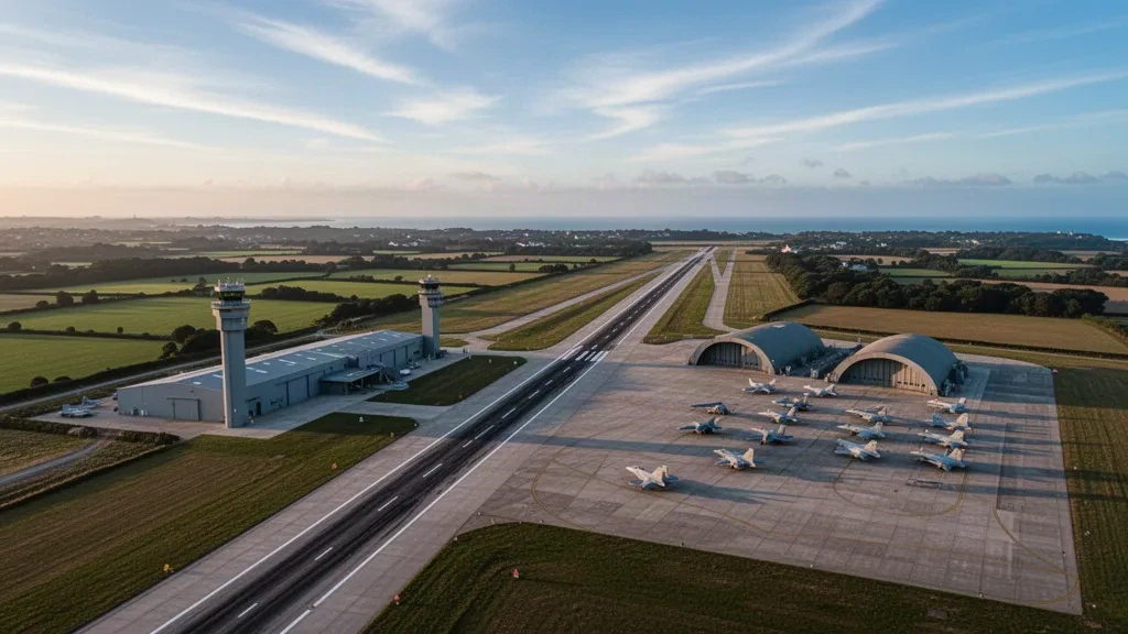 Landivisiau naval air base runway, hangars and fighter jets under golden Brittany light in a wide airfield view