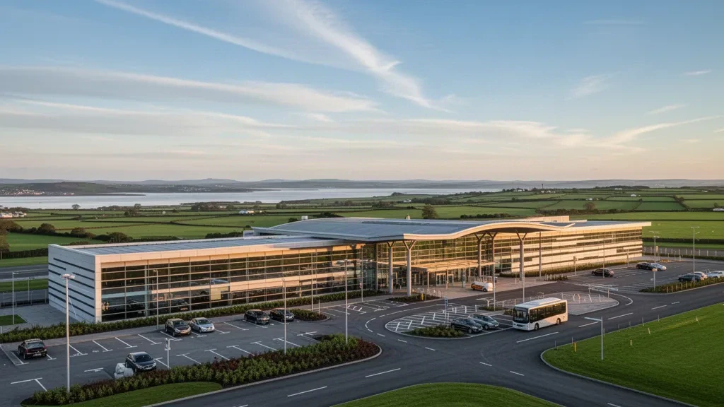Moderner Glasterminal mit Vorfahrt im Abendlicht am City of Derry Airport in Nordirland
