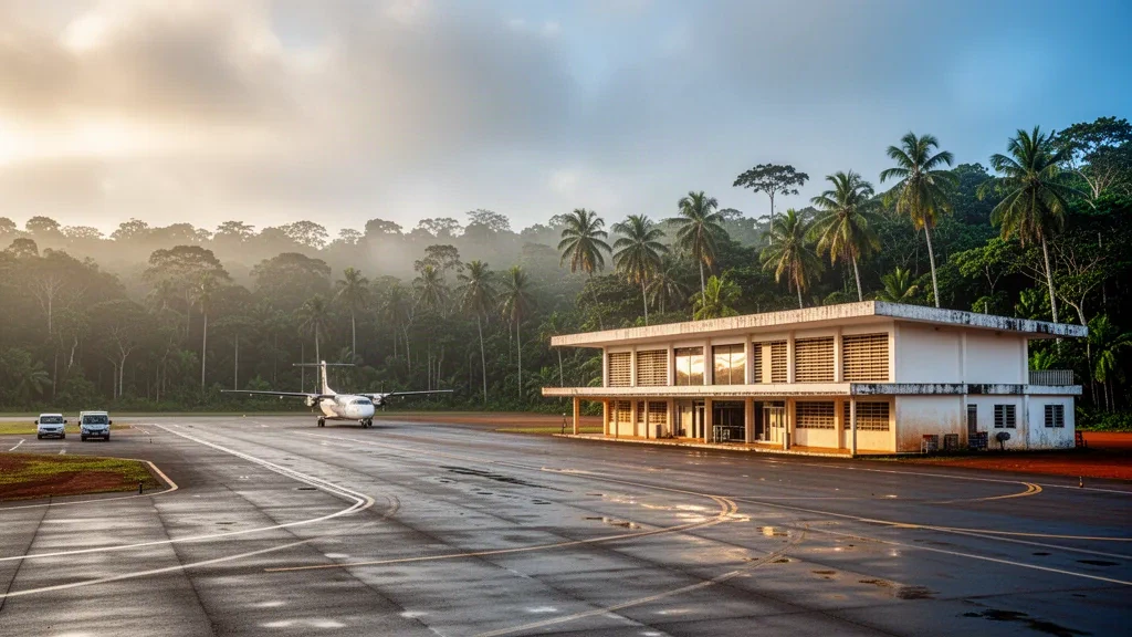 Terminal basso e piazzale tropicale dell'aeroporto di Saint-Laurent-du-Maroni in Guyana francese, circondati dalla foresta pluviale nella luce dorata del tramonto.