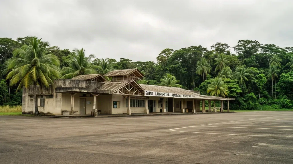 Esterno del terminal dell'aeroporto di Saint-Laurent-du-Maroni (LDX) in Guyana francese, circondato da vegetazione tropicale sotto una luce diurna nuvolosa