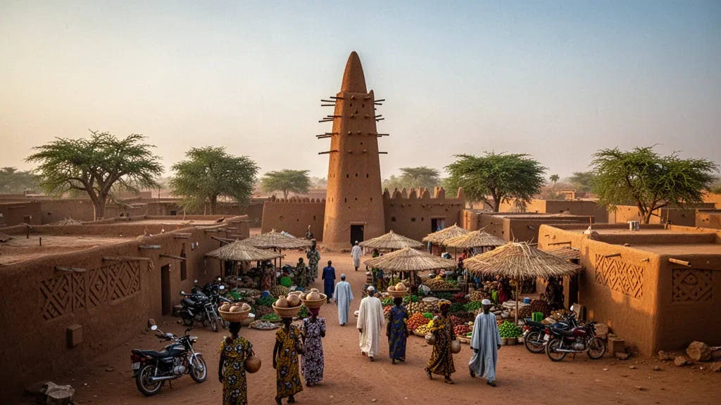 Veduta all'ora d'oro di Ouahigouya a Yatenga, Burkina Faso, con architetture di moschee in terra e la vita del mercato saheliano