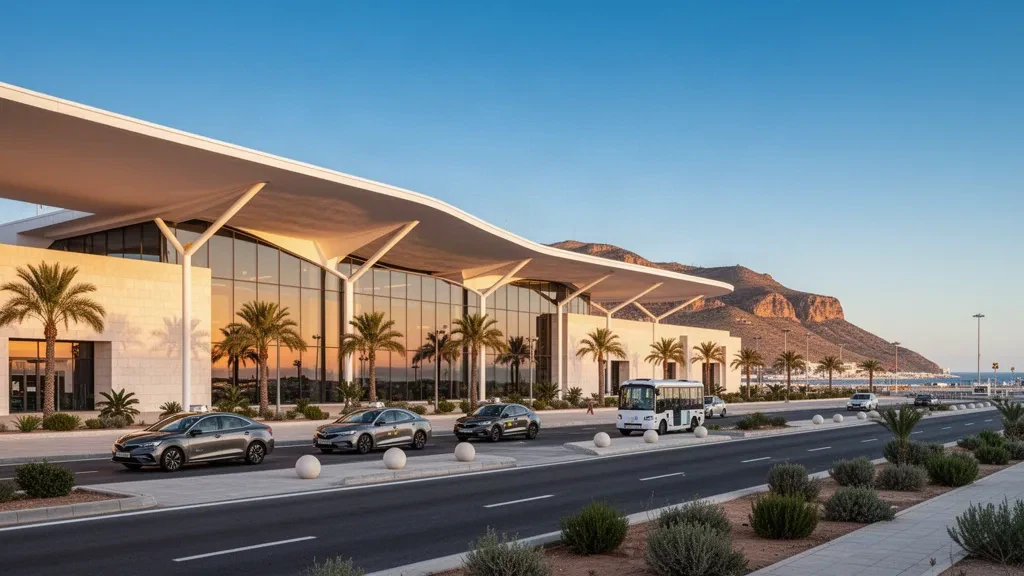 Esterno moderno del terminal aeroportuale in vetro dell'aeroporto di Almería in Andalusia, con palme, corsie per la salita e discesa passeggeri e colline costiere aride durante l'ora d'oro.