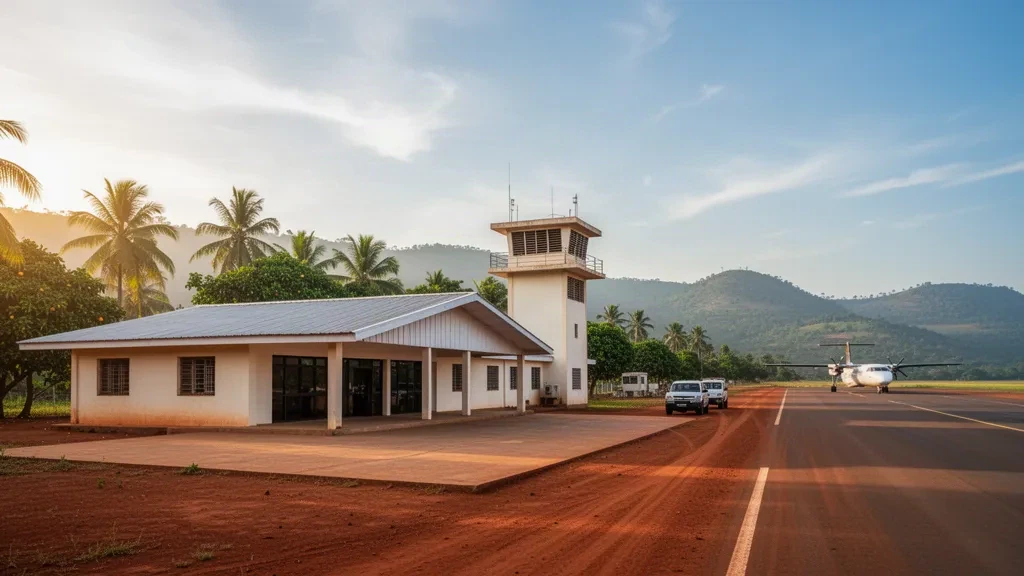 Small regional terminal and apron at Tata Airport serving Labé, Guinea, in warm golden-hour highland light