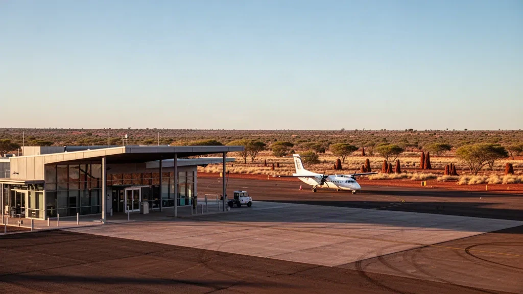 Terminal aeroportuale regionale remoto e piazzale di sosta nell'entroterra dell'Australia Occidentale all'ora d'oro vicino a Leinster