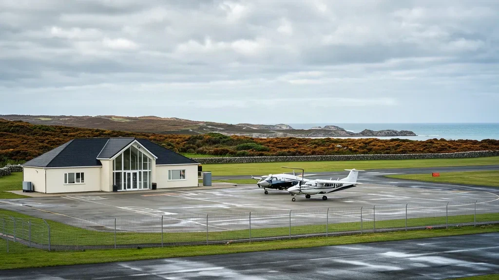 Small terminal building and aircraft apron at Land's End Airport in Cornwall under a coastal sky