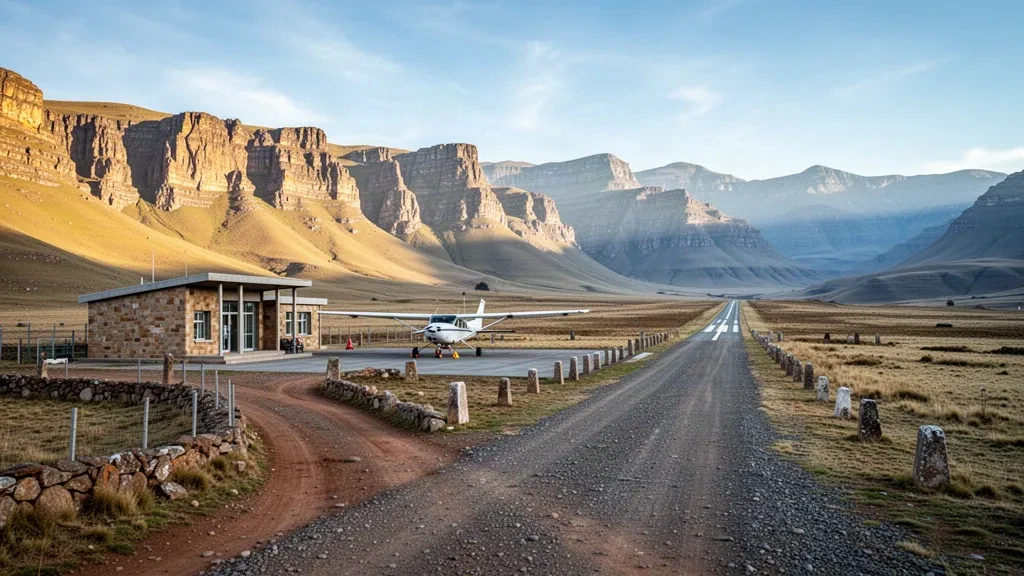 Petite piste en gravier et terminal de montagne à l'aéroport de Lesobeng au Lesotho sous les crêtes des monts Maloti