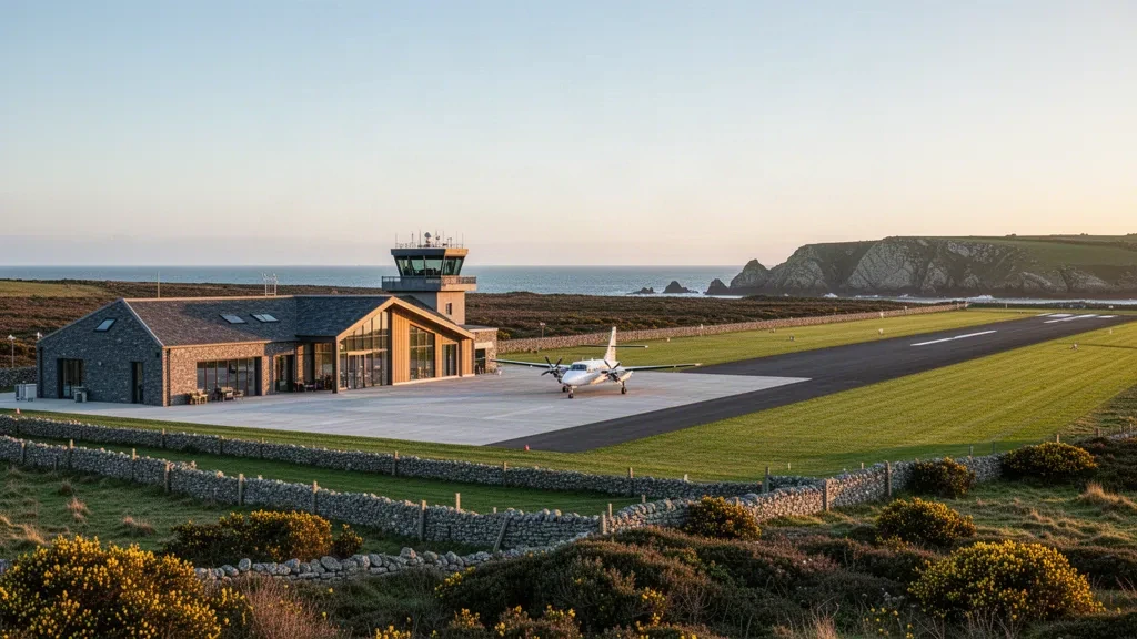 Küstenflugplatz-Terminal und Graslandebahn am Land's End Airport in Cornwall im warmen Licht der goldenen Stunde