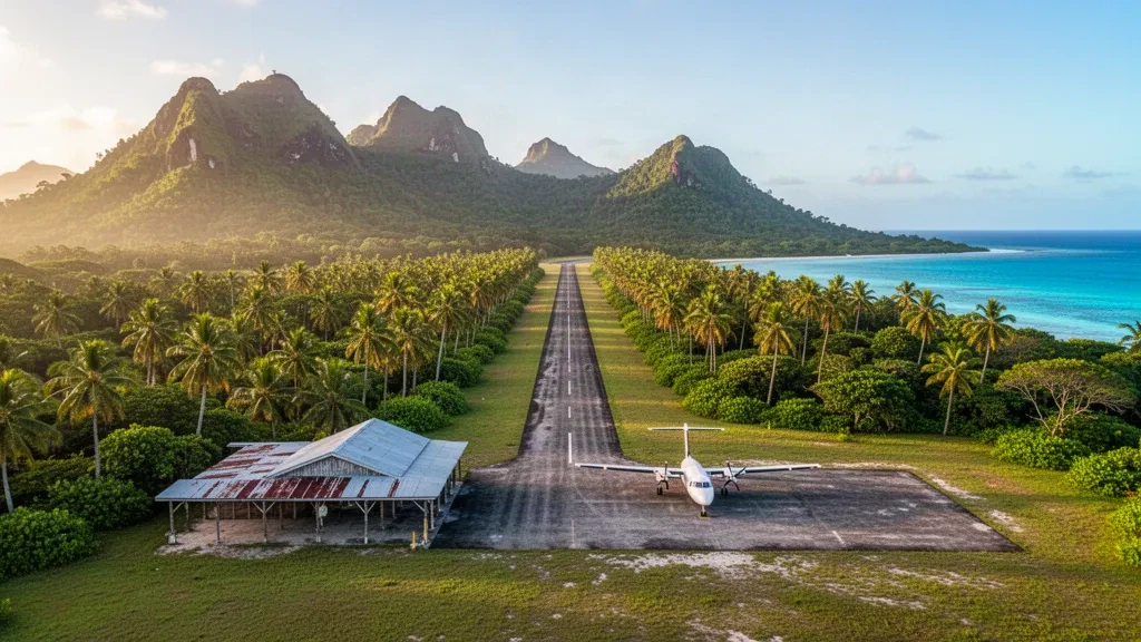 Small tropical Levuka Airfield airstrip on Ovalau Island, Fiji, with a short runway, palm trees, green hills and a light commuter aircraft.