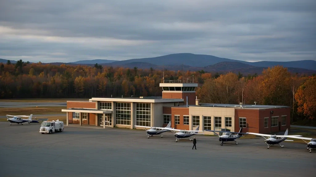 Terminal building and aircraft apron at Auburn/Lewiston Municipal Airport in Maine surrounded by autumn New England woodland