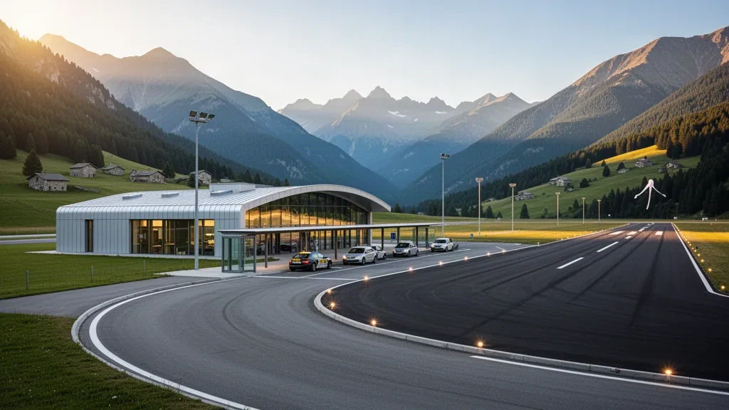 Moderno terminal in vetro presso l'aeroporto Pirineus-La Seu d'Urgell con le montagne dei Pirenei sullo sfondo e la strada di accesso