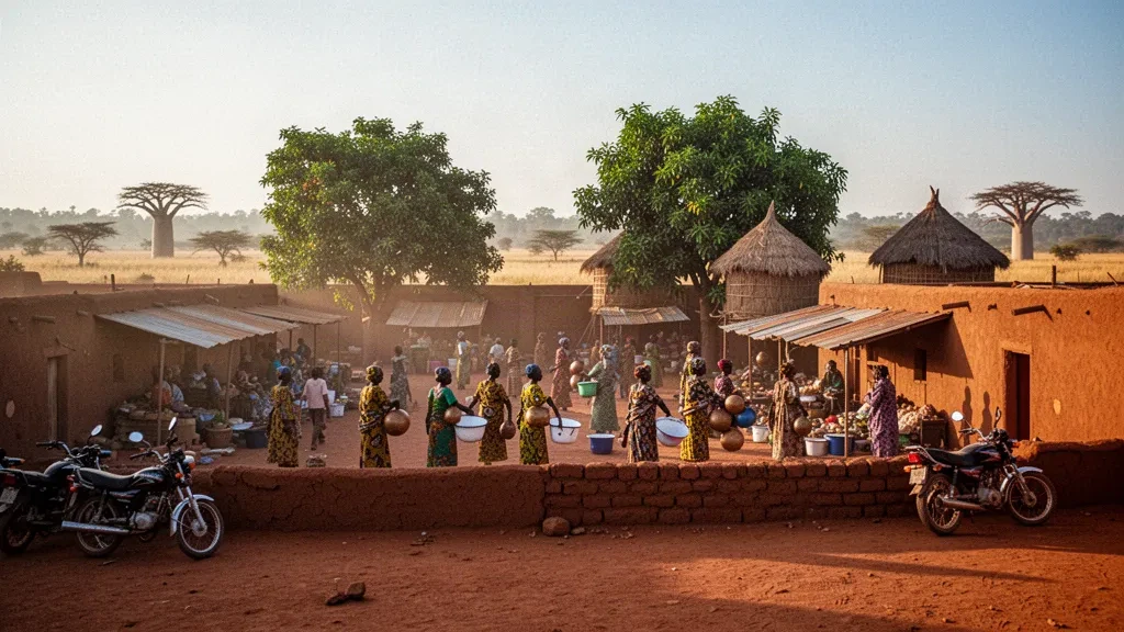 Ville marchande aux bâtiments en briques de terre et paysage de savane à baobabs dans la province de Ziro, au Burkina Faso, à l'heure dorée