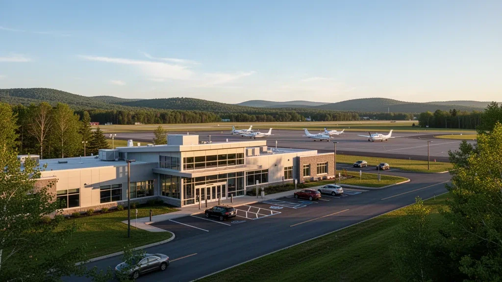 Altın saatte Auburn Lewiston Municipal Airport terminalinin dış cephesi, genel havacılık uçakları ve erişim yolu