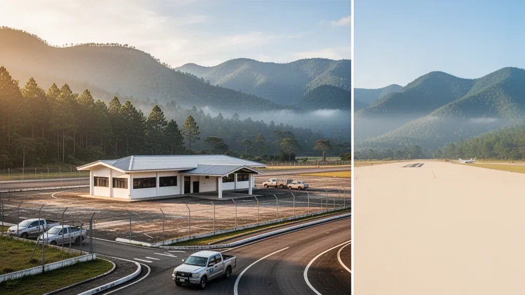 Piccolo terminal regionale e pista di montagna all'aeroporto di La Esperanza, sugli altopiani di Intibucá, in Honduras, nella luce soffusa del mattino.