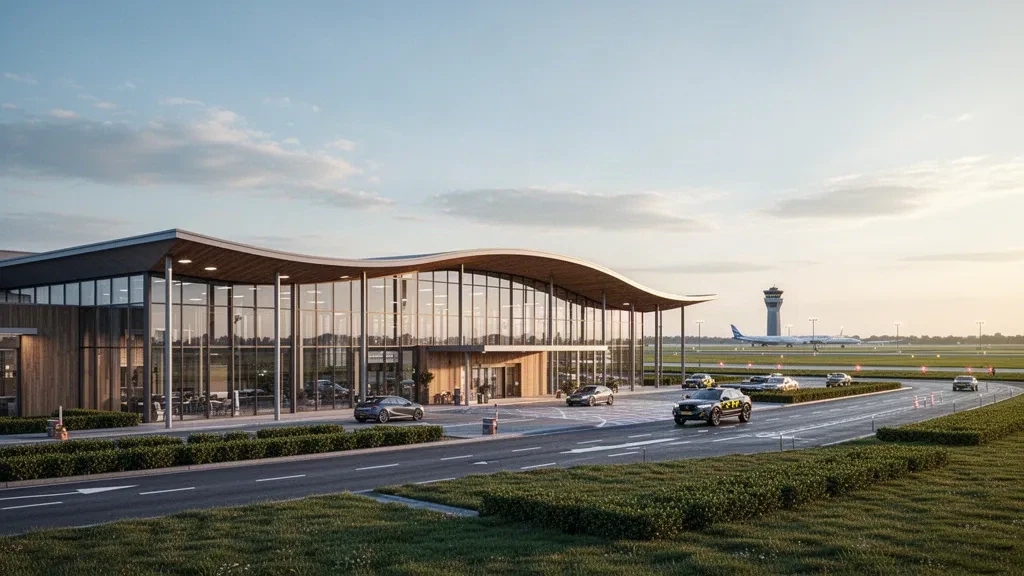 Hollanda'daki Lelystad Havalimanı'nda yumuşak sabah ışığı altında modern cam terminal ve yolcu indirme şeridi.