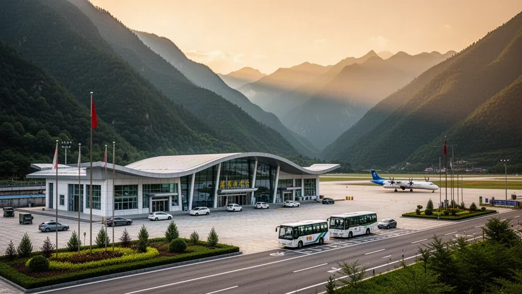 Moderno terminal in vetro dell'aeroporto di Lanping Fenghua immerso nella verde valle montuosa dello Yunnan, con strada di accesso e aeromobili regionali parcheggiati