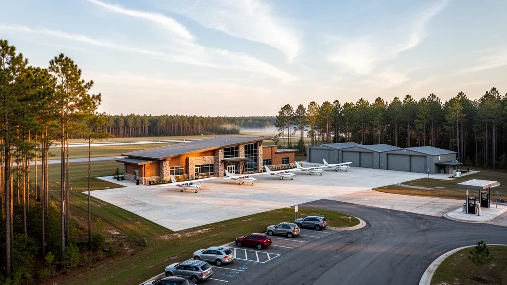 Vista durante la hora dorada de la plataforma de aviación general, los hangares y los bajos edificios de la terminal del Aeropuerto del Condado de Angelina en Lufkin, Texas, rodeados de bosque de pinos.
