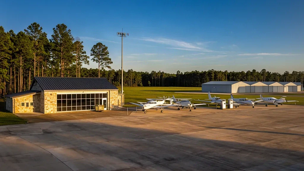 Terminal y plataforma de aeronaves en el Aeropuerto del Condado de Angelina LFK cerca de Lufkin, Texas, rodeados de bosque de pinos del este de Texas