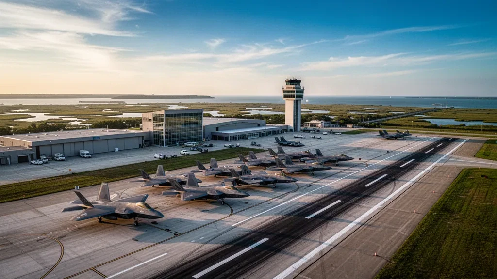 Hampton, Virginia'daki Langley Hava Kuvvetleri Üssü'nde uçuş hattında altın saat ışığı altında, kıyı yakınında F-22 Raptor uçakları