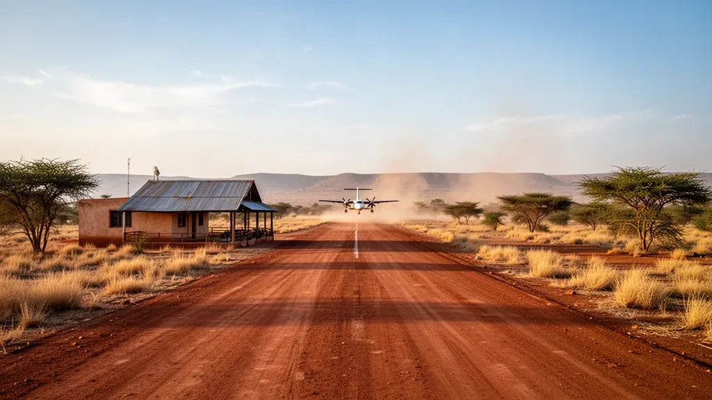 Staubige ländliche Start- und Landebahn und kleines Terminalgebäude am Flughafen Kelafo East in der Somali-Region Äthiopiens, mit einem abgestellten Turboprop-Flugzeug im goldenen Licht.