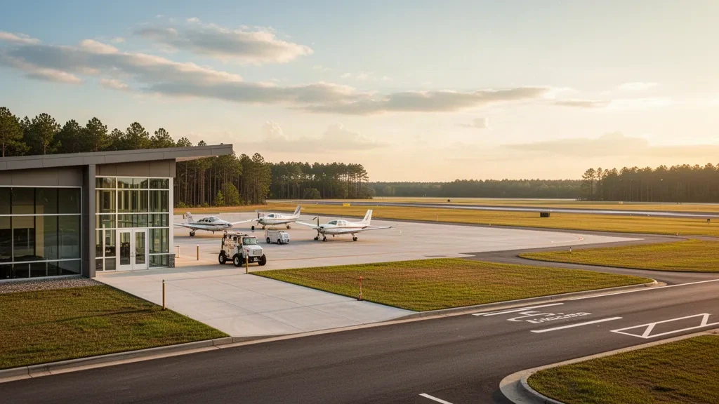 Louisburg, Kuzey Karolina yakınlarındaki Triangle North Executive Airport'ta altın saatlerde özel uçaklarla modern terminal ve apron.