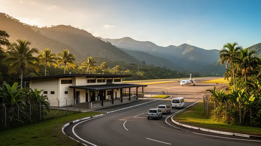 Low-rise terminal and tropical apron at La Fria Airport in Tachira, Venezuela, framed by green Andean foothills