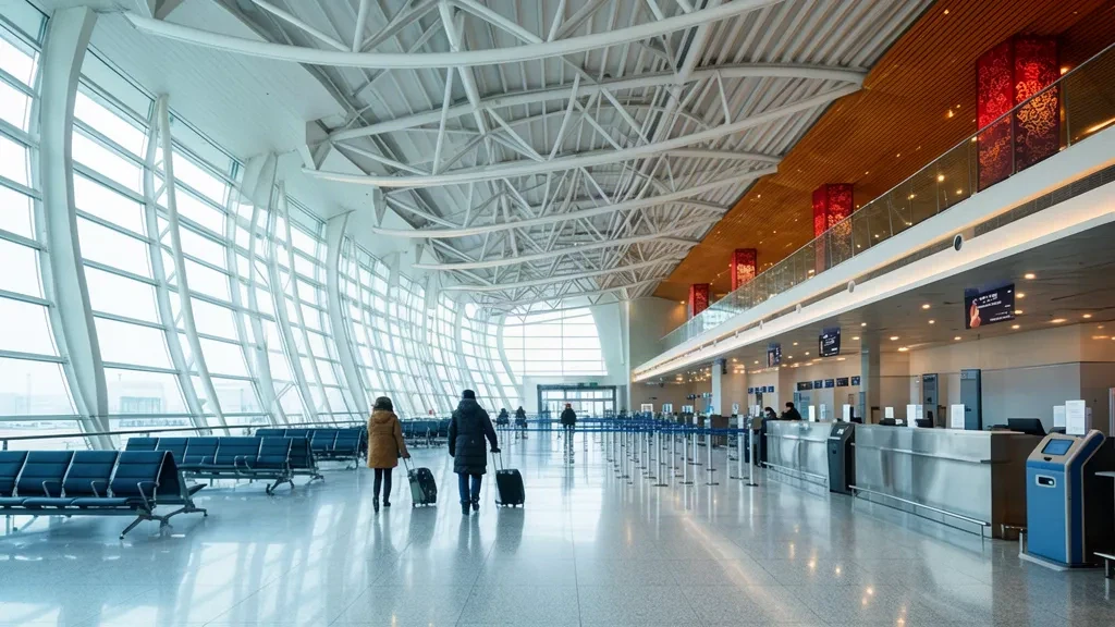 Intérieur lumineux du terminal de l'aéroport de Linfen Yaodu montrant un hall des départs à double hauteur, des comptoirs d'enregistrement et des voyageurs avec leurs bagages