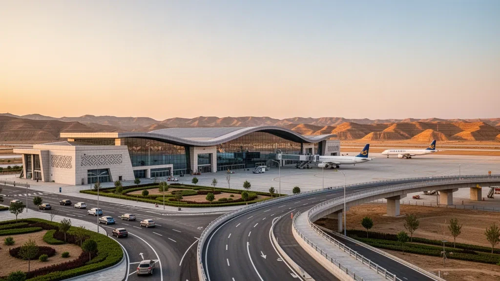 Shanxi'deki Linfen Yaodu Havalimanı'nda altın saatlerde, yolcu indirme yolundan görünen modern cam ve taş terminal