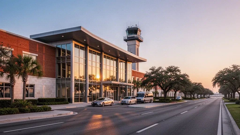 Lafayette Regional Airport'ta sıcak altın saat ışığında modern tuğla ve cam terminal binasının dış cephesi ve yol kenarı bırakma şeritleri