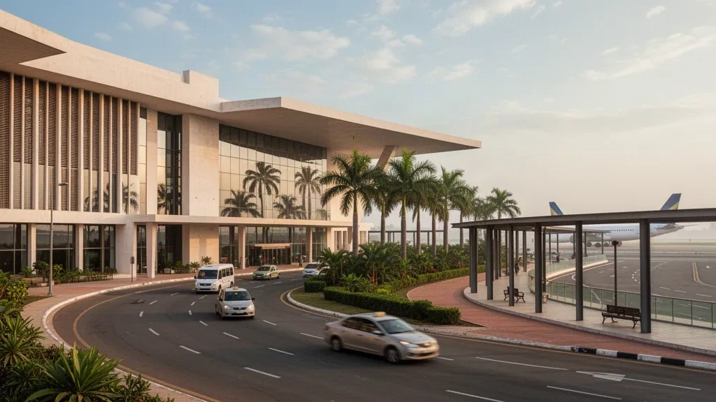 Modern terminal exterior and palm-lined drop-off lanes at Lomé–Tokoin International Airport in Togo at golden hour