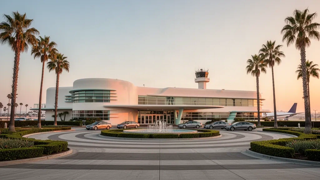 Streamline Moderne terminal and palm trees at Long Beach Airport in California during warm golden-hour light