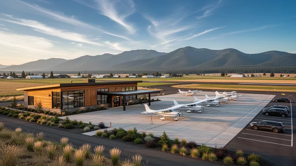 Small general aviation terminal and aircraft apron at La Grande/Union County Airport in Oregon, with the Blue Mountains on the horizon at golden hour.