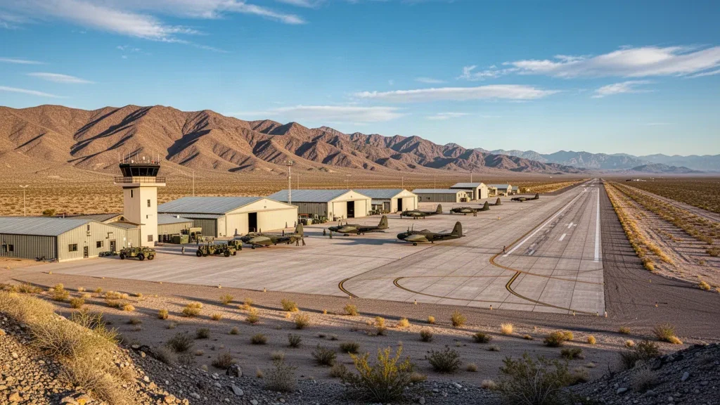 Desert runway, control tower and hangars at Laguna Army Airfield near Yuma, Arizona under a clear blue sky