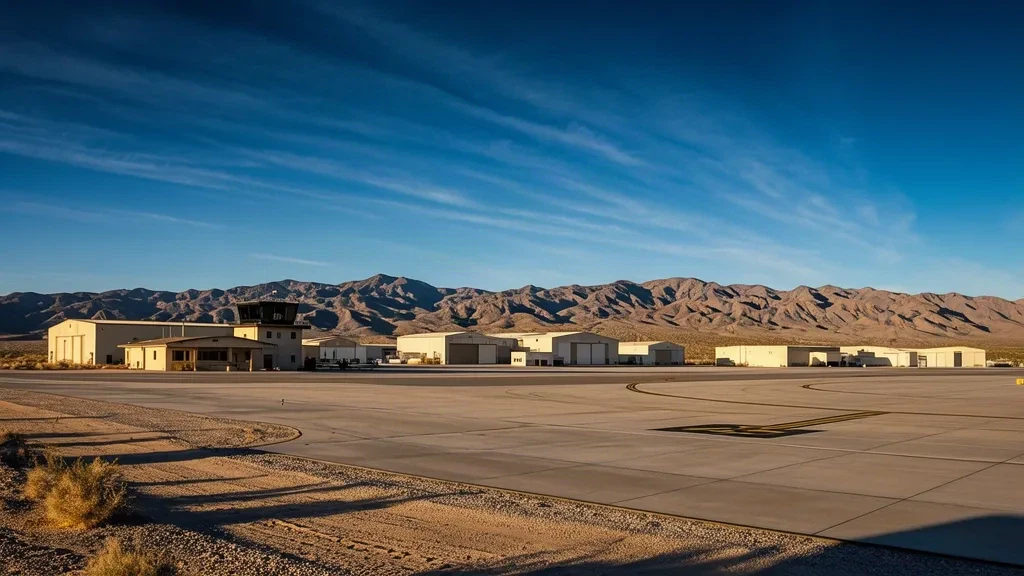 Control tower, hangars and sunlit concrete apron at Laguna Army Airfield LGF in the Arizona desert at Yuma Proving Ground