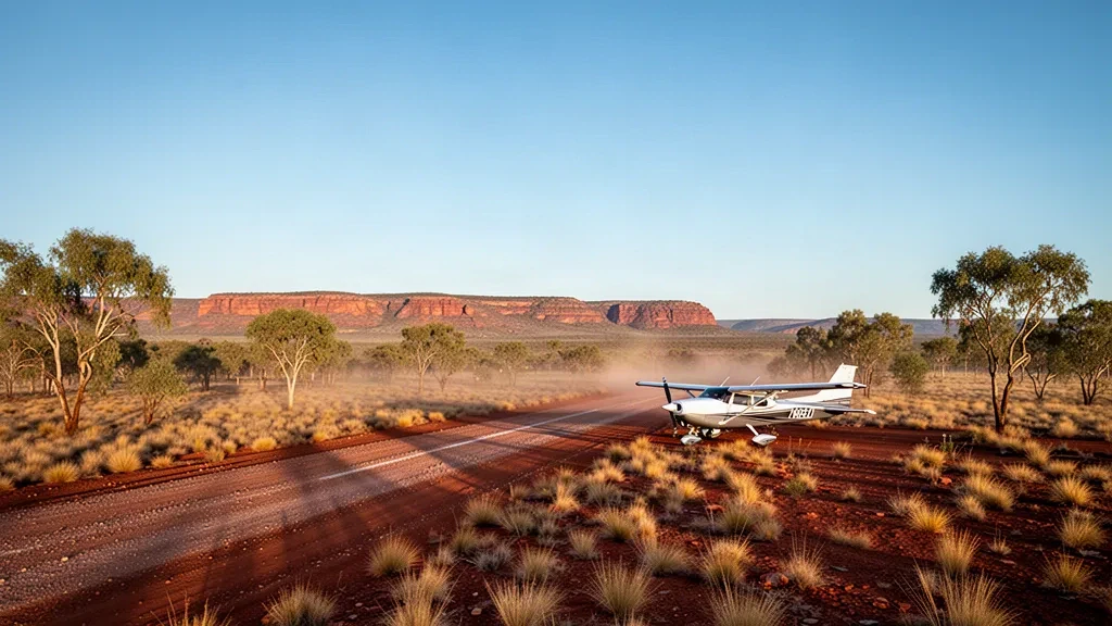 Piste en terre rouge isolée à l'aéroport de Mulan, dans le Kimberley en Australie-Occidentale, avec un petit avion de location, des plaines de spinifex et un vaste ciel dégagé.