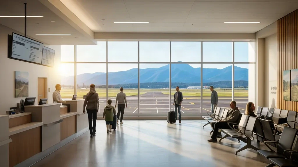 Oregon'daki La Grande/Union County Havalimanı terminalinin içi; check-in alanı, oturma yerleri ve dağ manzaraları.