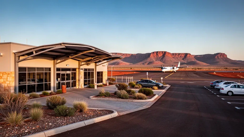 Pequeña terminal de aeropuerto regional y plataforma en Leigh Creek, en las áridas Flinders Ranges de Australia Meridional, bajo la clara luz del outback